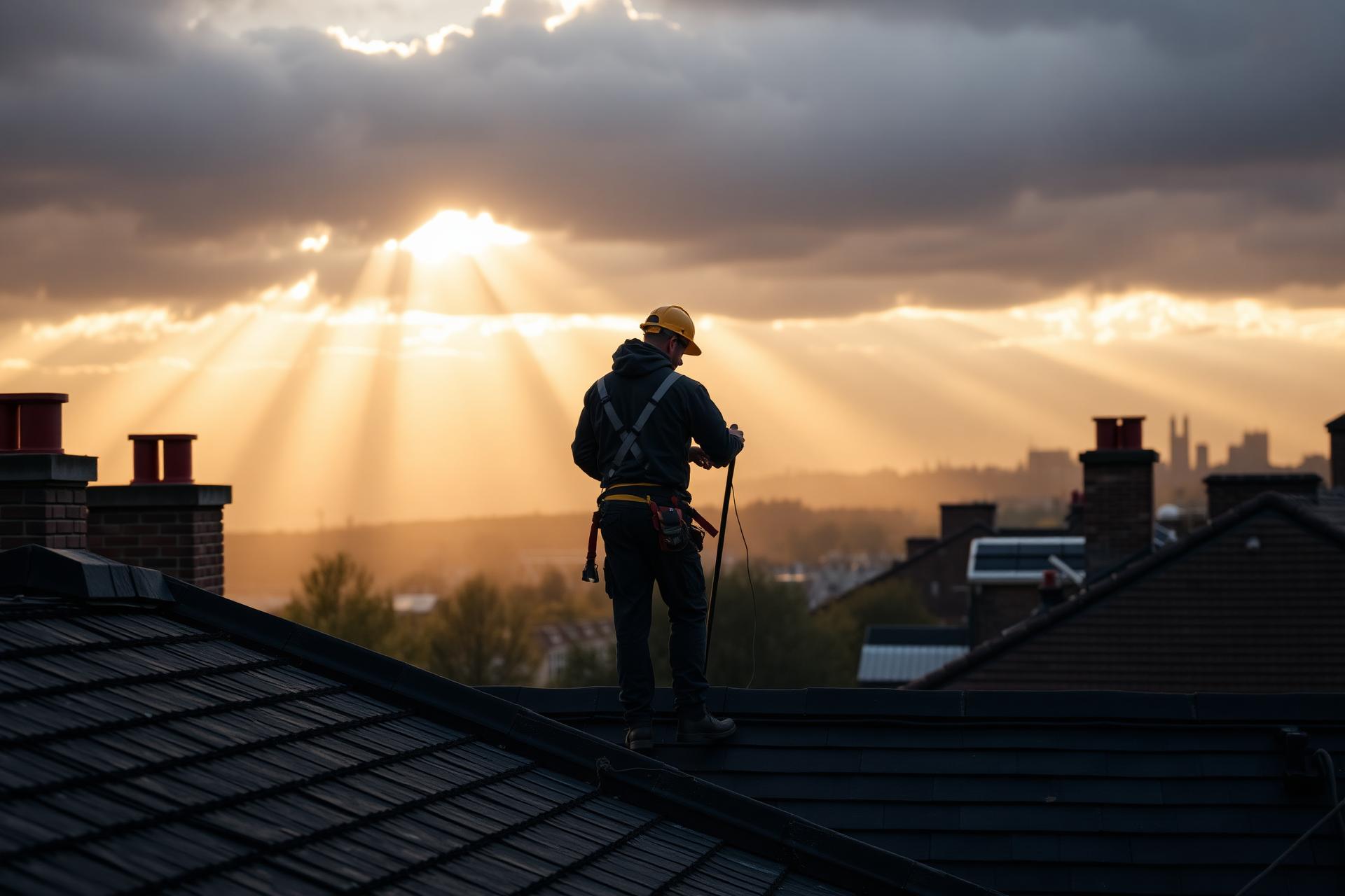 Roofer working at sunset over Manchester rooftops